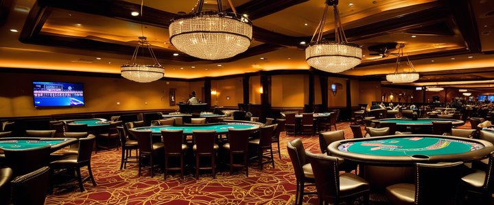 Poker player at table, stacks of chips and cards in front of them.