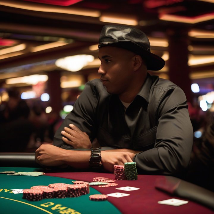 Poker player studying with GTO Wizard at WSOP preparation table.