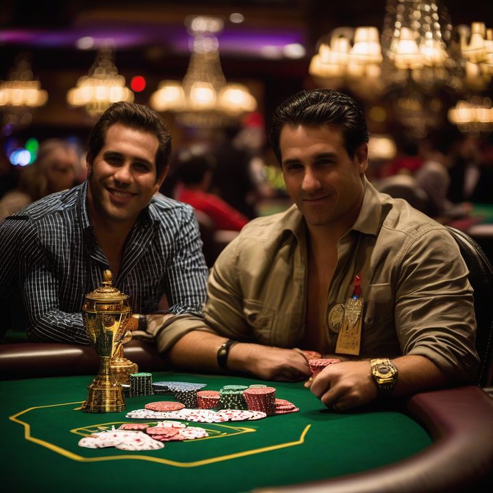 Poker players competing at a tournament table with cards and chips.