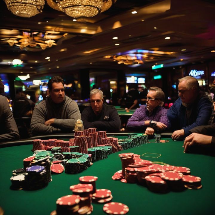 Mike Matusow at WSOP tournament table with chips and cards.