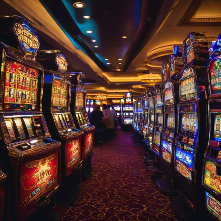 Person holding a tablet with a slot machine game on screen.