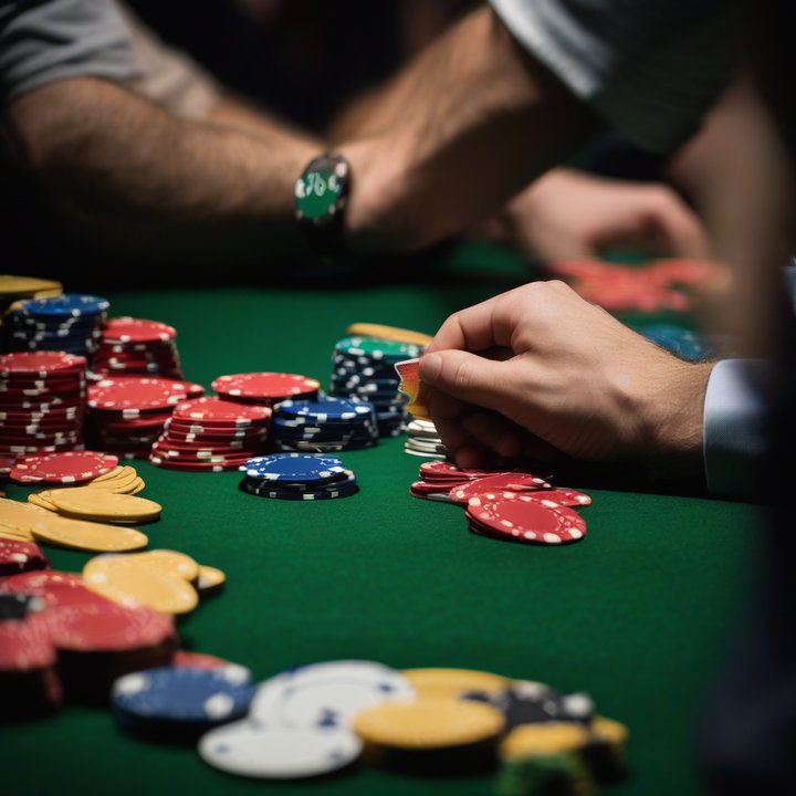 Poker player making strategic move with short stack of chips.