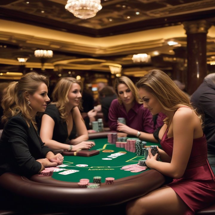 Women playing poker at a tournament table in London.